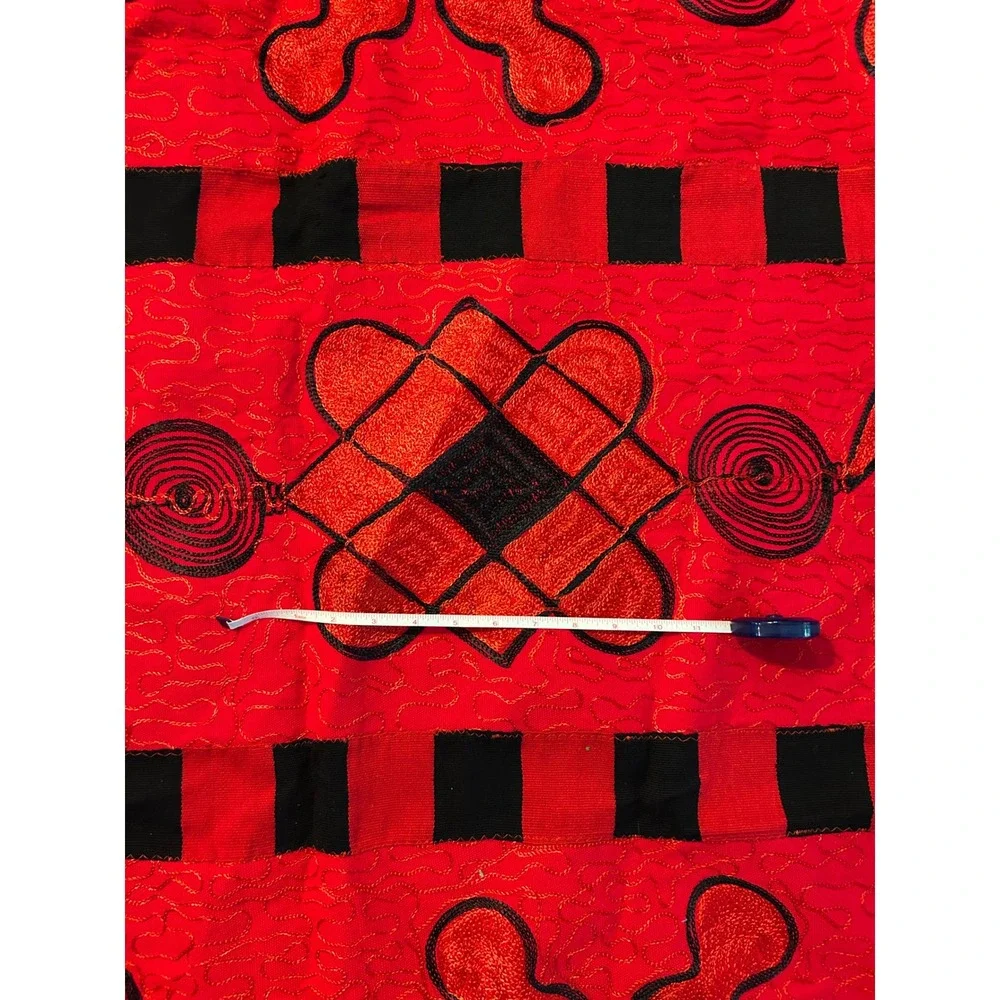 Red Black Quilted King Size Bedspread Embroidered Geometric Global Coverlet